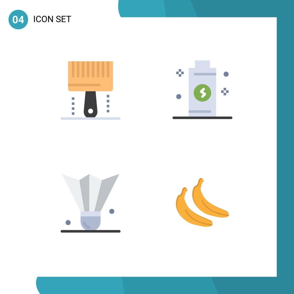 pacote de 4 sinais e símbolos de ícones planos modernos para mídia impressa na web, como codificação de pincel de badminton, eletricidade, penas, peteca, elementos de design de vetores editáveis