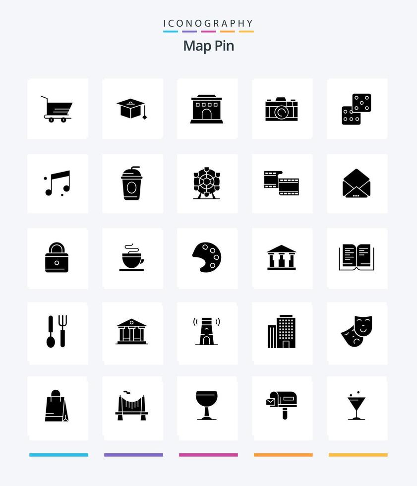 pino de mapa criativo 25 pacote de ícones preto sólido glifo, como som. áudio. lar. jogatina. cassino vetor