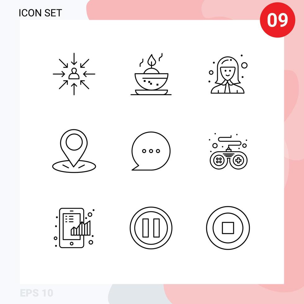 grupo de símbolos de ícone universal de 9 contornos modernos de pino de bate-papo, gerenciador de localização de avatar, elementos de design de vetores editáveis