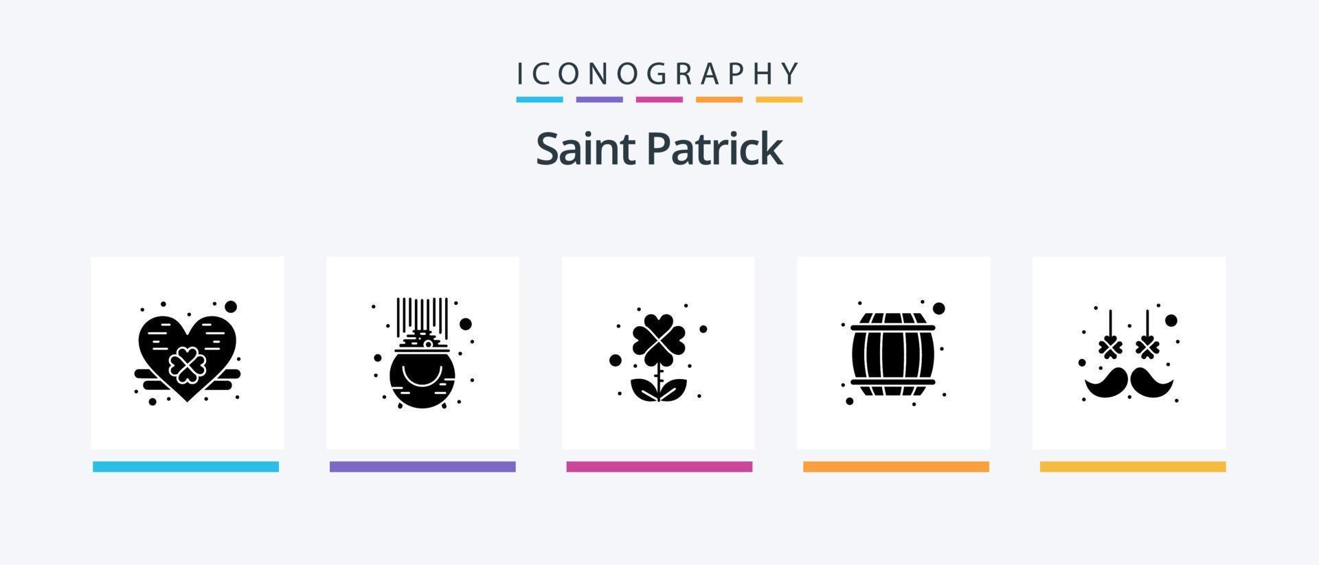 Pacote de ícones Saint Patrick Glyph 5, incluindo bigode. pêlos faciais. trevo. bebida. barril de cerveja. design de ícones criativos vetor