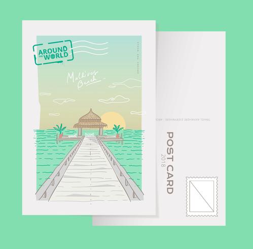 Cartão da praia das Maldivas Ilustração desenhada mão do vetor