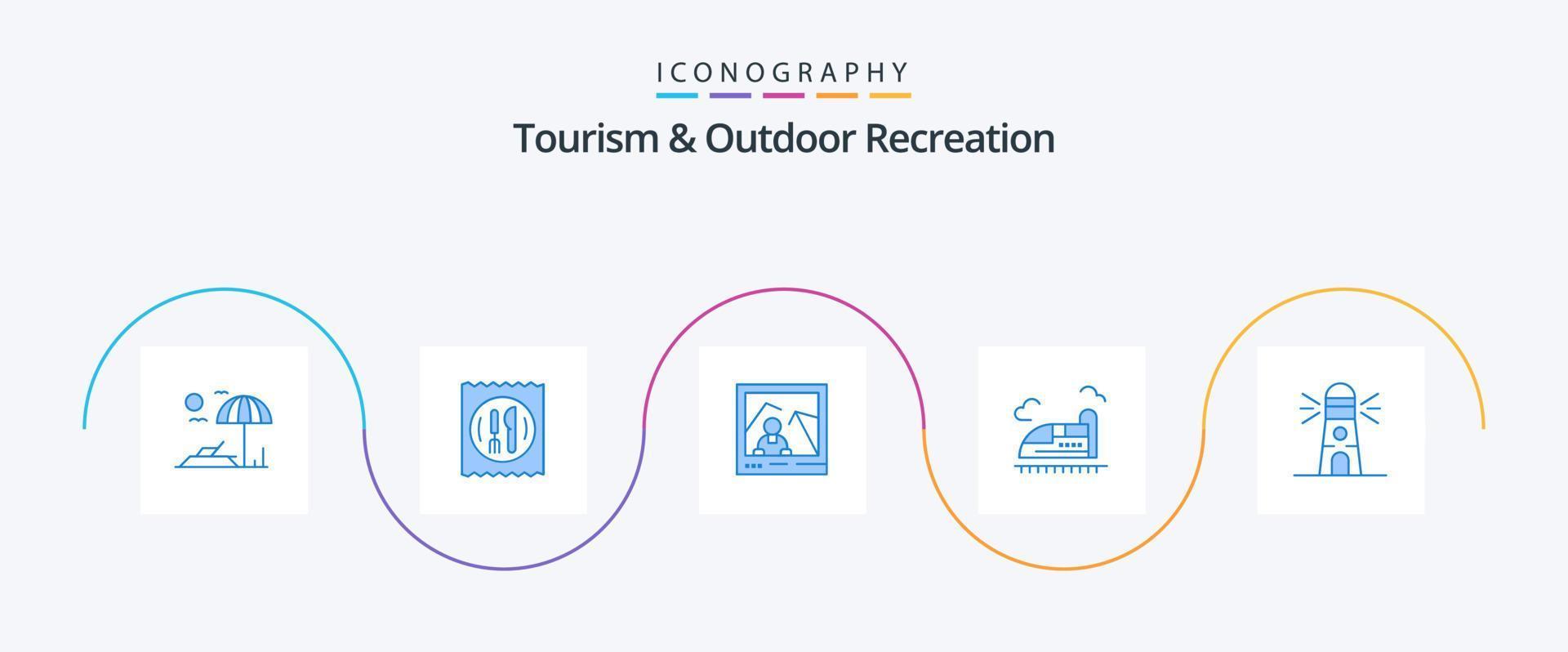 pacote de ícones azul 5 de turismo e recreação ao ar livre, incluindo navegação. farol. imagem. velocidade. trem vetor