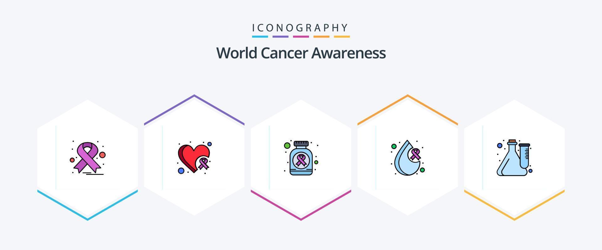 pacote de ícones de 25 linhas preenchidas de conscientização mundial sobre o câncer, incluindo experimento. cubo. medicamento. saúde. Câncer vetor