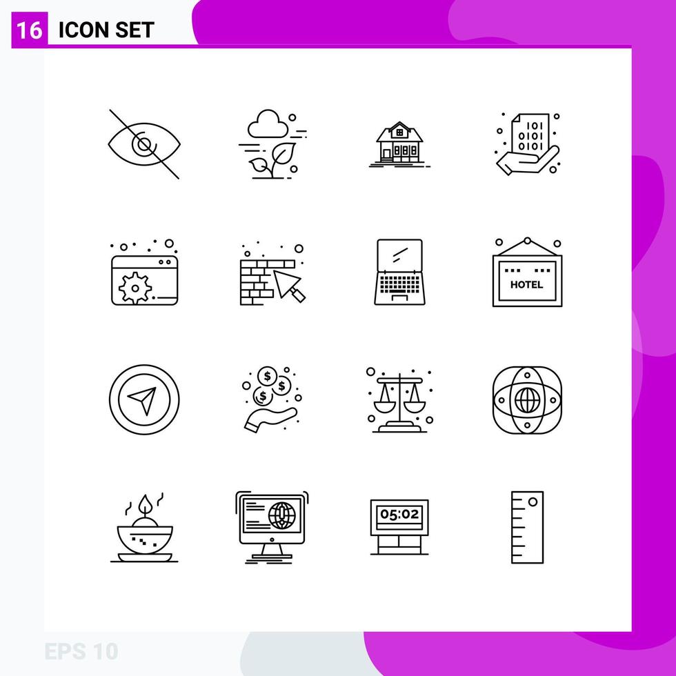 16 ícones criativos, sinais e símbolos modernos de codificação de painel, mão de casa, elementos de design de vetores binários editáveis