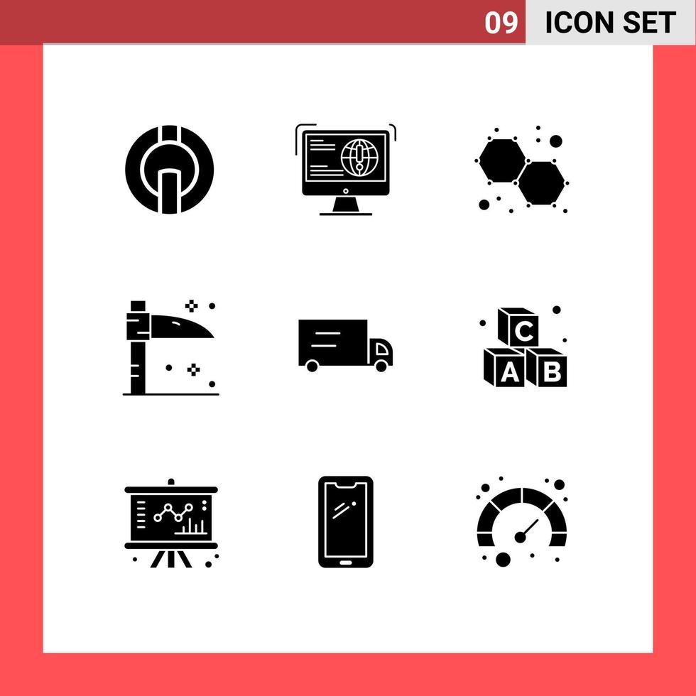 conjunto de 9 pacotes de glifos sólidos comerciais para o alfabeto caminhão web foice halloween elementos de design de vetores editáveis
