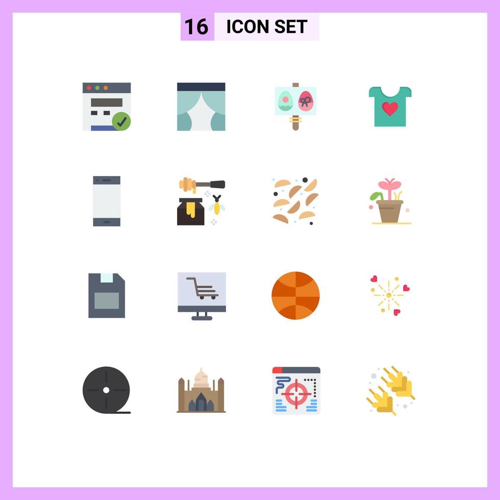 conjunto de cores planas de interface móvel de 16 pictogramas de roupas de coração de ovo de casamento de contato pacote editável de elementos de design de vetores criativos