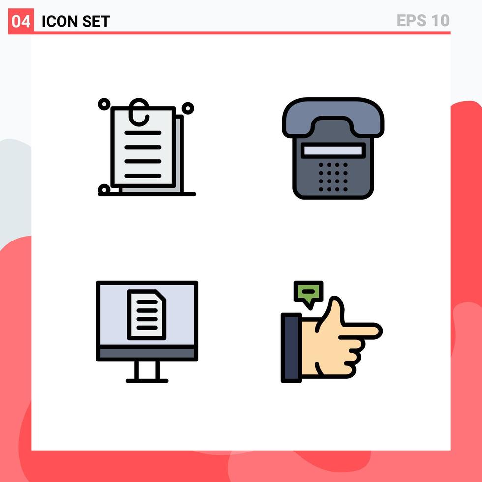 4 símbolos de sinais de cor plana de linha preenchida universal de anexo telefone ui comunicação documento elementos de design de vetores editáveis