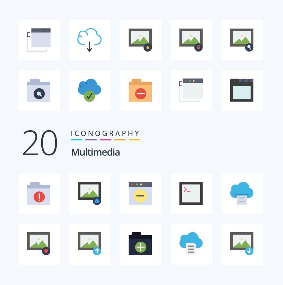 Pacote de ícones de 20 cores planas multimídia como aplicativos em nuvem mac print cloud vetor