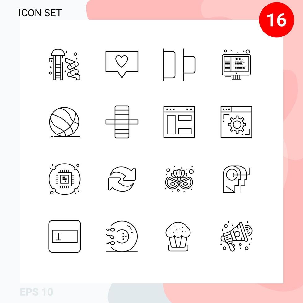 pacote de 16 sinais e símbolos de contornos modernos para mídia impressa na web, como elementos de design de vetores editáveis html de bola horizontal de cesta esportiva
