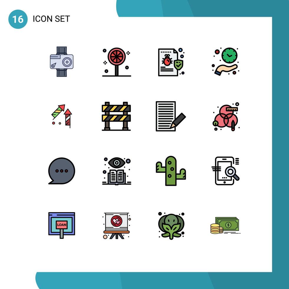 conjunto de pictogramas de 16 linhas simples preenchidas com cores planas de salvar tempo, segurar o vírus da mão do bug, elementos de design de vetores criativos editáveis