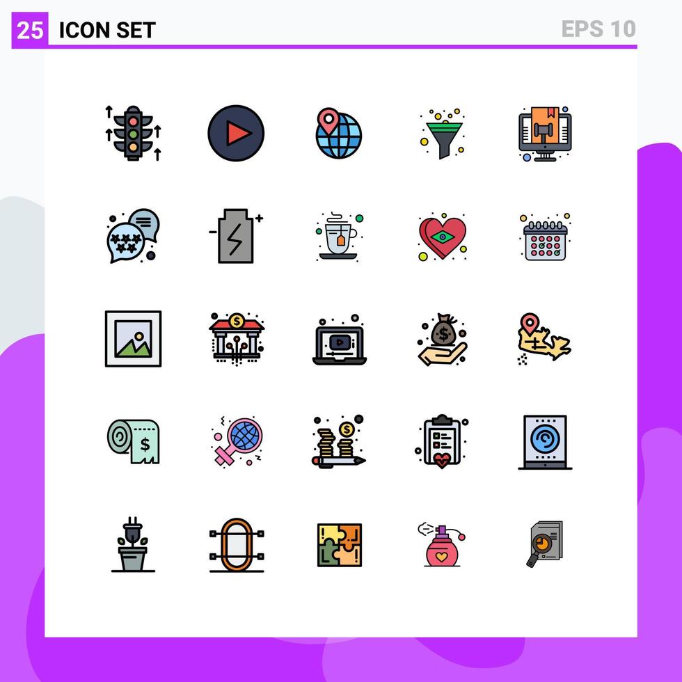 grupo de símbolos de ícone universal de 25 cores planas de linha preenchida moderna de classificação advogado filtro juiz lei elementos de design de vetores editáveis