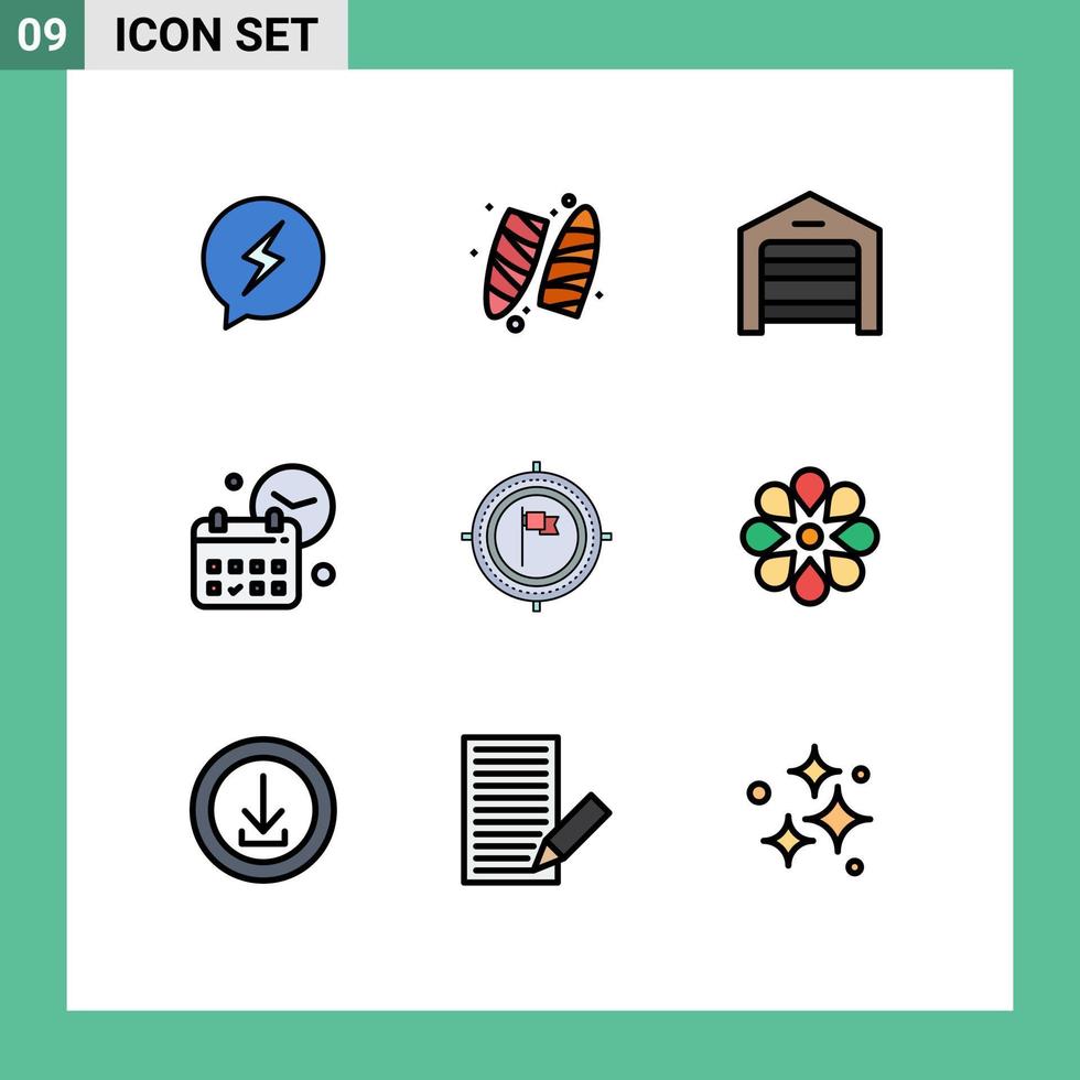 conjunto moderno de 9 cores e símbolos planos de linha preenchida, como elementos de design de vetores editáveis do calendário do dia do comércio eletrônico