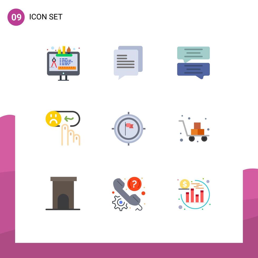 conjunto de cores planas de interface móvel de 9 pictogramas de prazo, objetivo, chat, suporte, classificação, elementos de design de vetores editáveis