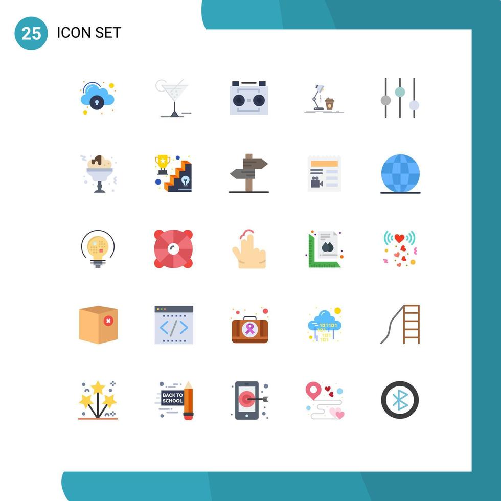 conjunto de pictogramas de 25 cores planas simples de design de gravação de áudio de café flash gravação de som elementos de design vetorial editáveis vetor