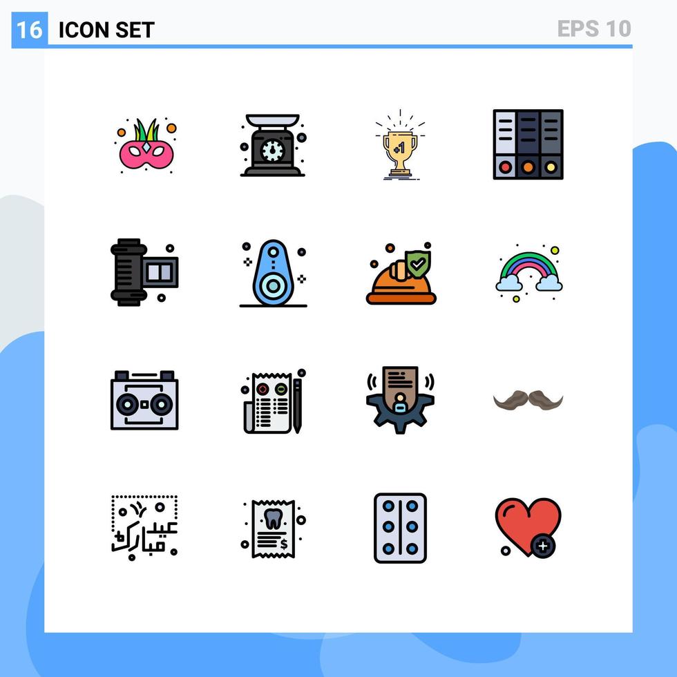 grupo de 16 sinais e símbolos de linhas preenchidas de cores planas para acessórios de câmera, documentos, fichário de prêmios, primeiros elementos de design de vetores criativos editáveis