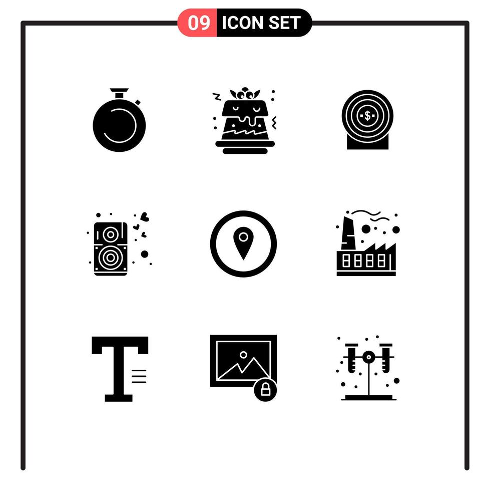 pacote de 9 sinais e símbolos de glifos sólidos modernos para mídia impressa na web, como localização, alto-falante, alvo, música, coração, elementos de design vetorial editáveis vetor