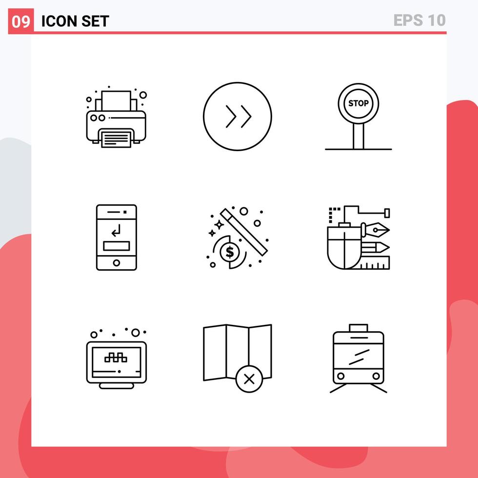 9 símbolos de sinais de contorno universal da tecnologia de parada de dinheiro do mago perderam elementos de design de vetores editáveis