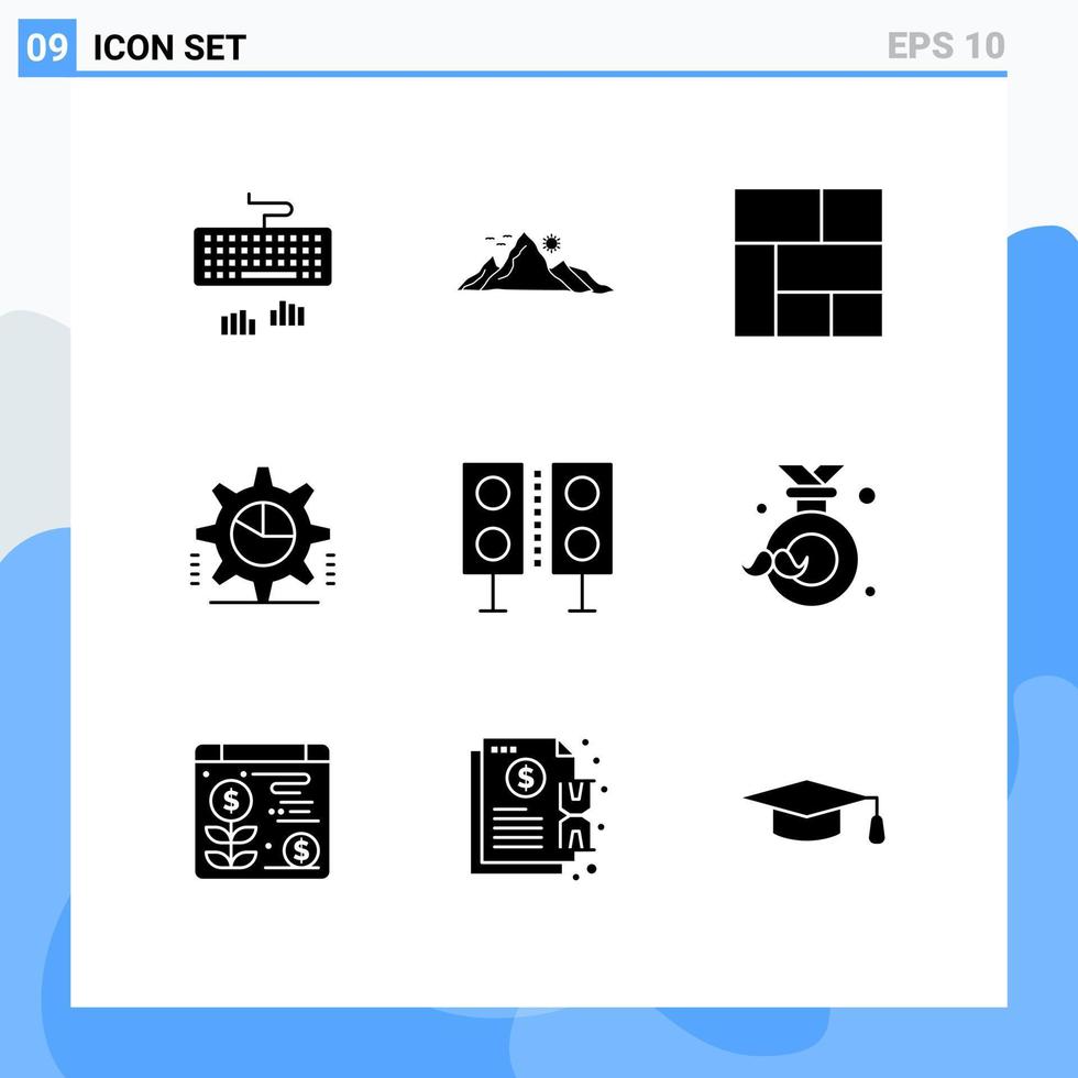 conjunto moderno de pictograma de 9 glifos sólidos de configurações de dispositivos gráfico de torta de sol cog elementos de design de vetores editáveis