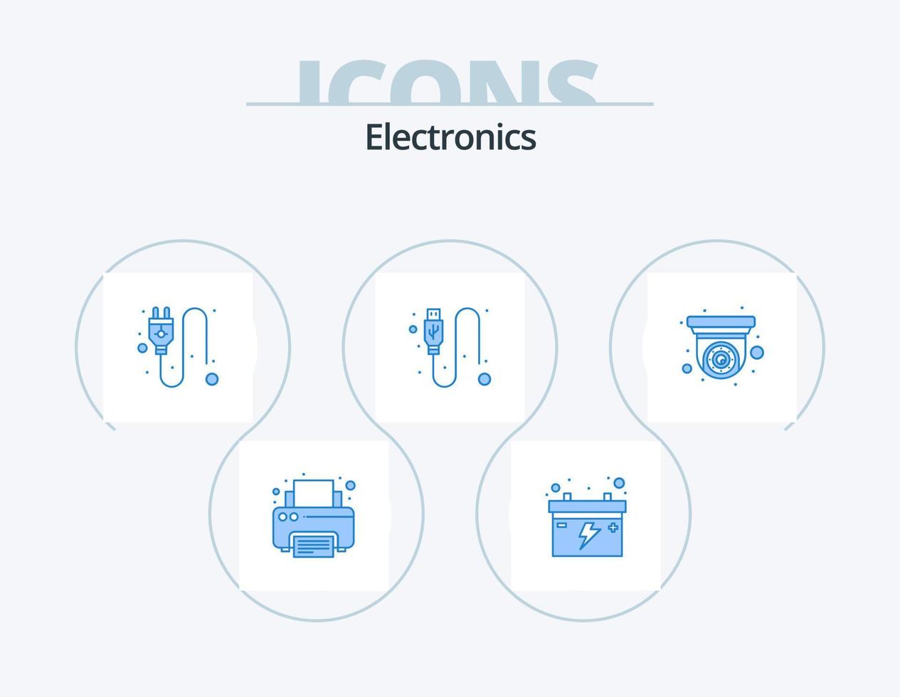 design de ícones do pacote de 5 ícones azuis eletrônicos. câmera de segurança. cctv. plugue. Câmera. USB vetor