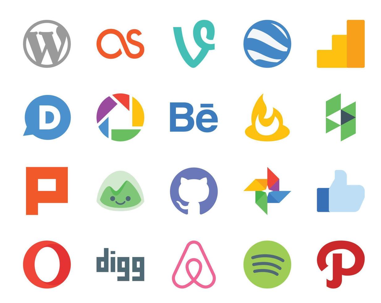 20 pacotes de ícones de mídia social, incluindo digg like behance photo basecamp vetor