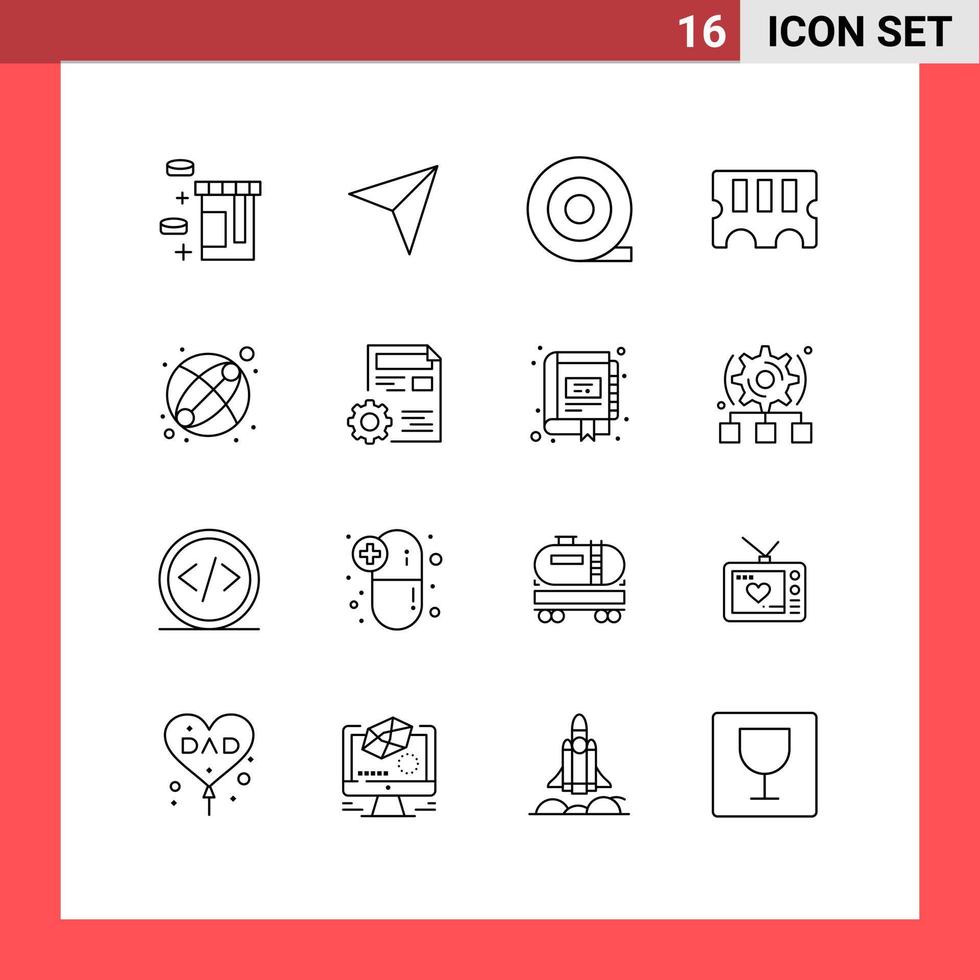 pacote de ícones vetoriais de estoque de 16 sinais e símbolos de linha para configuração de perfil de hardware documento bola editável elementos de design vetorial vetor