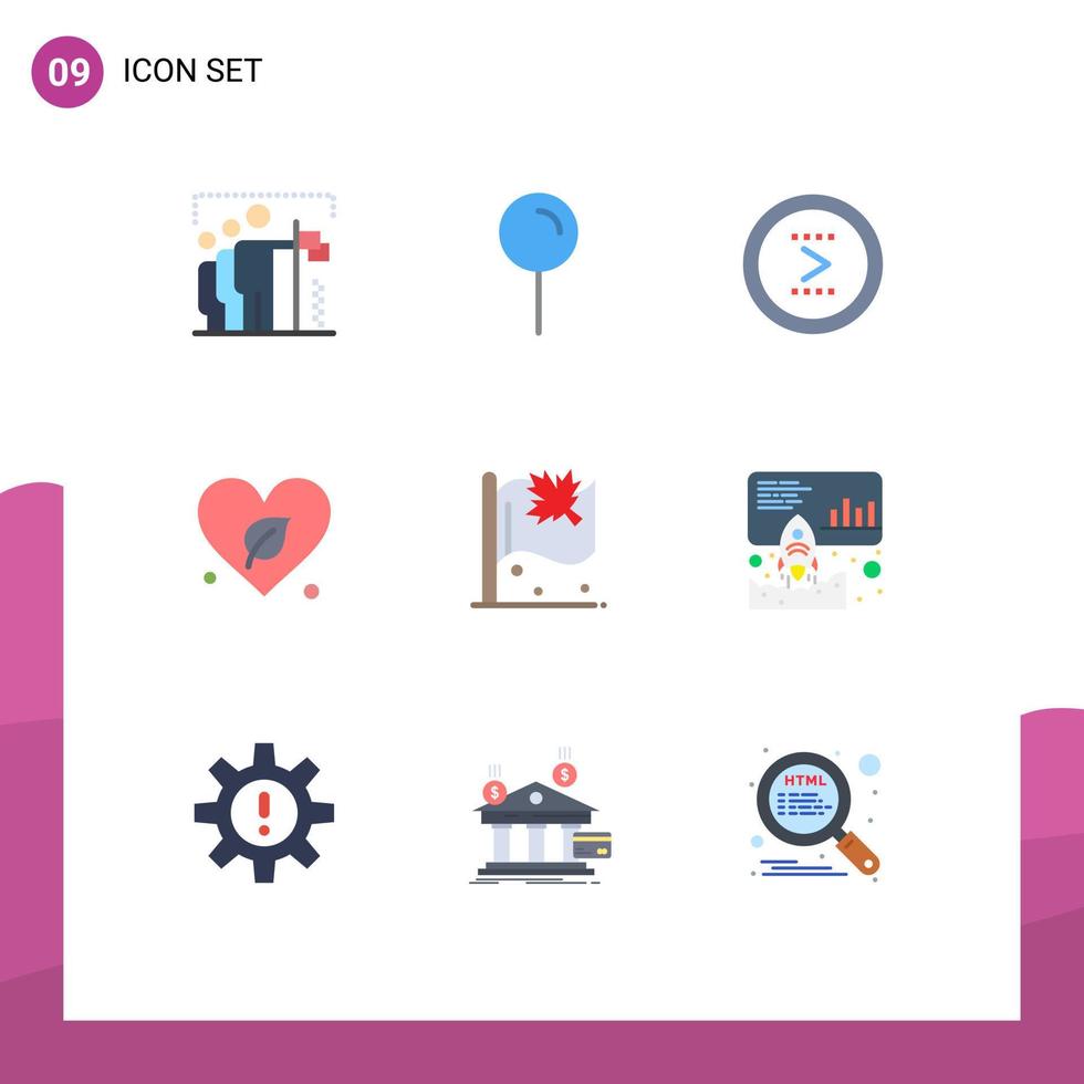 pacote de cores planas de 9 símbolos universais de salvar coração de pino verde próximos elementos de design de vetores editáveis