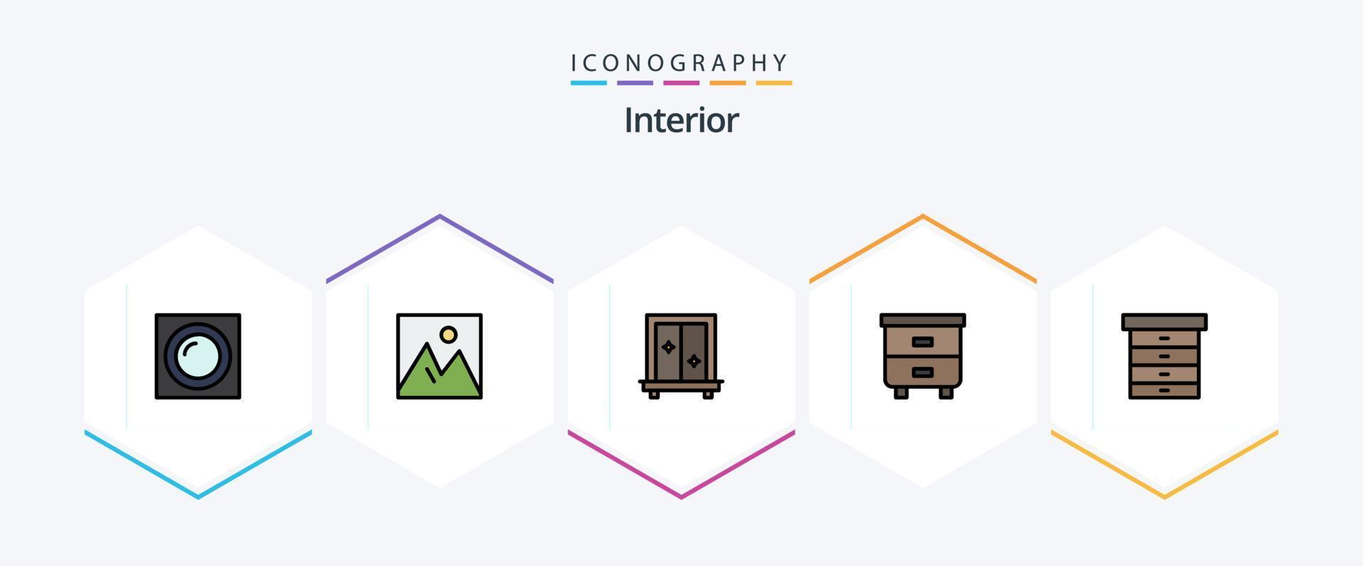 interior 25 pacote de ícones de linha preenchida, incluindo decoração. mobília. foto. gaveta. vestir vetor