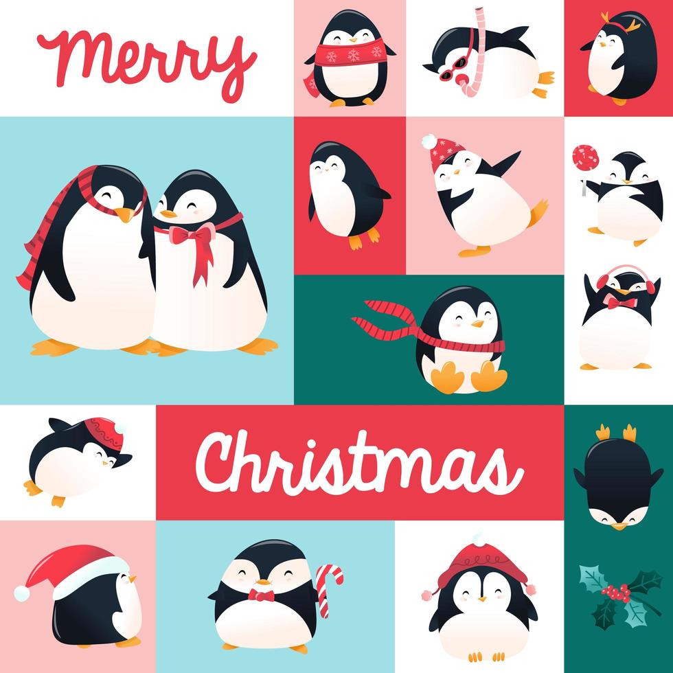 desenho animado super fofo decoração de mosaico de pinguins de férias vetor