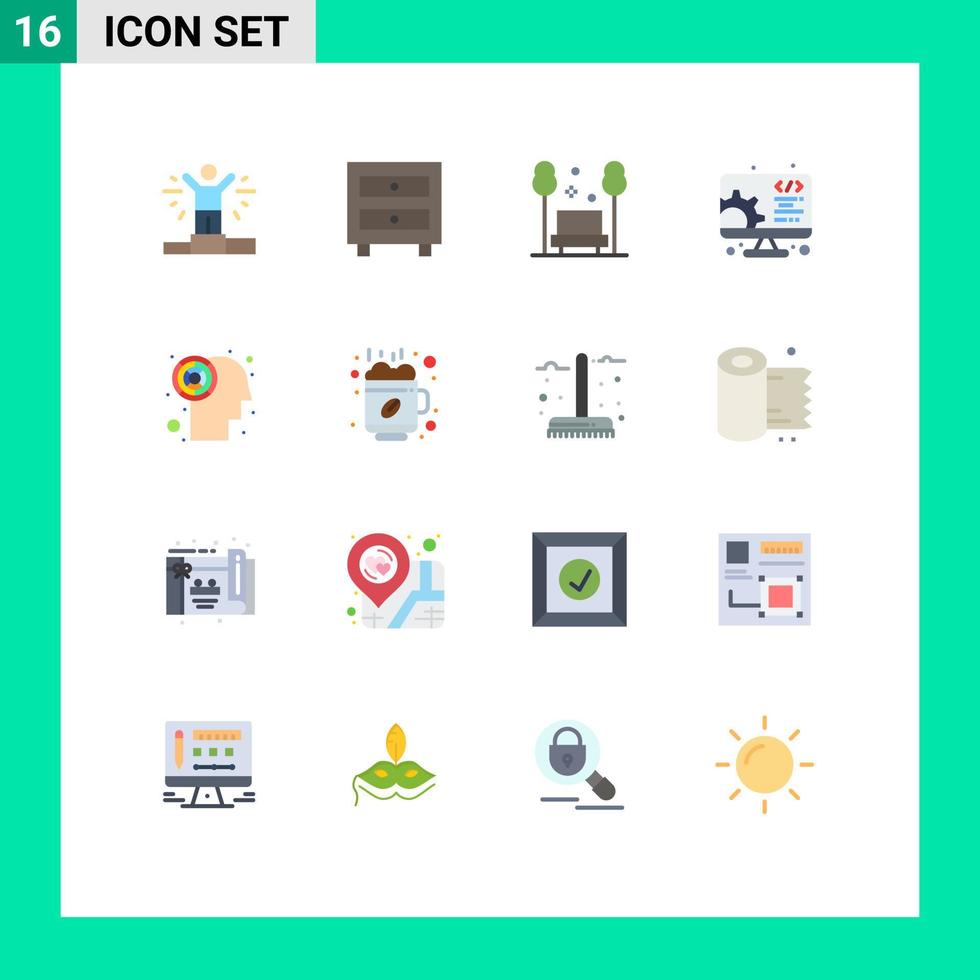 Pacote de cores planas de 16 interfaces de usuário de sinais e símbolos modernos do pacote editável de desenvolvimento de configuração de parque web de labirinto de elementos de design de vetores criativos