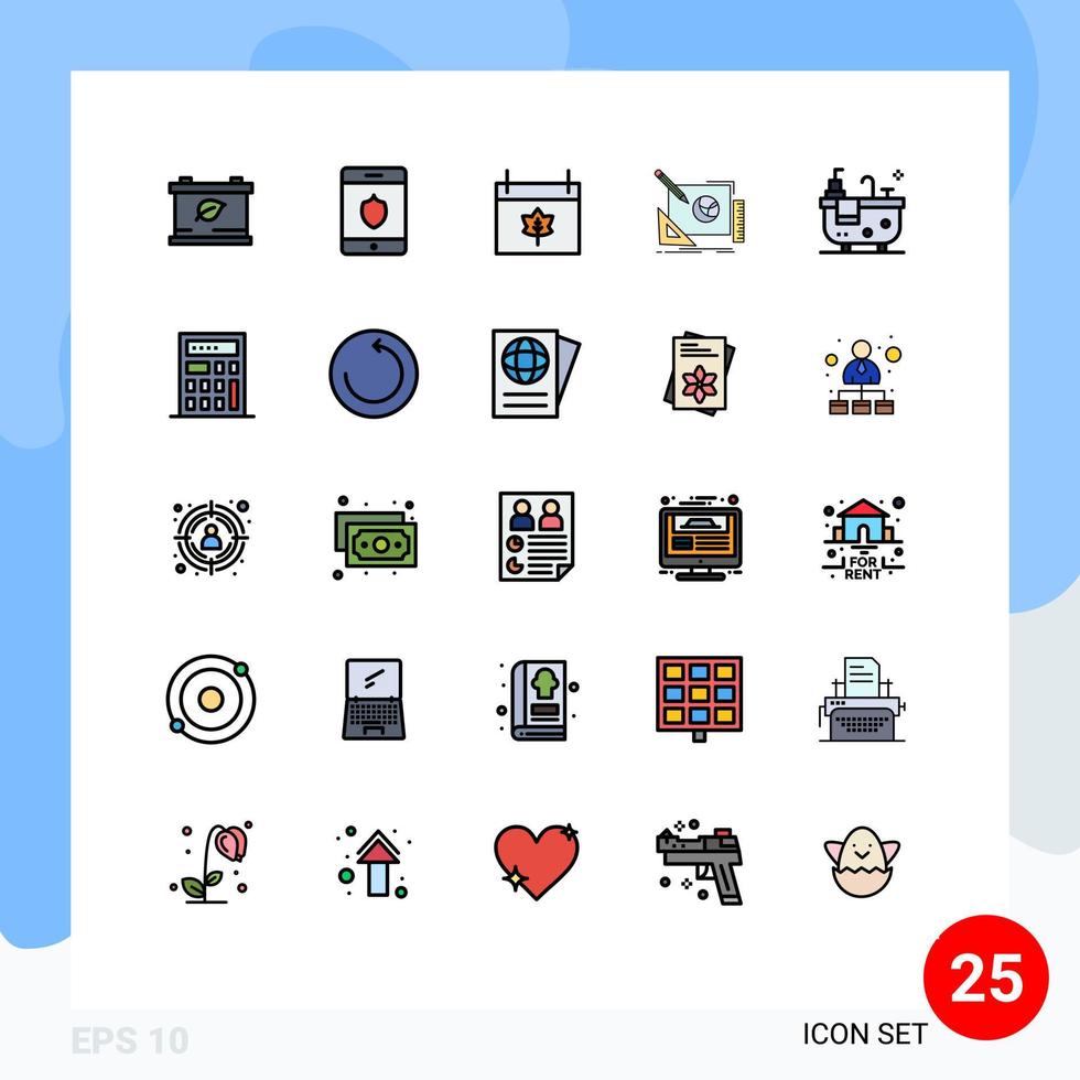 pacote de interface do usuário de 25 cores planas de linha preenchida básica do processo de design de data do banheiro hub criativo elementos de design de vetores editáveis