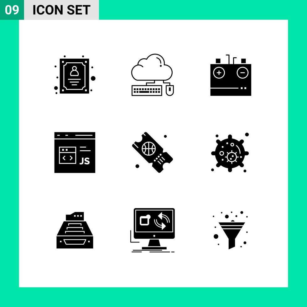 pacote de 9 sinais e símbolos de glifos sólidos modernos para mídia impressa na web, como código de dados de desenvolvimento, elementos de design de vetores editáveis de eletricidade