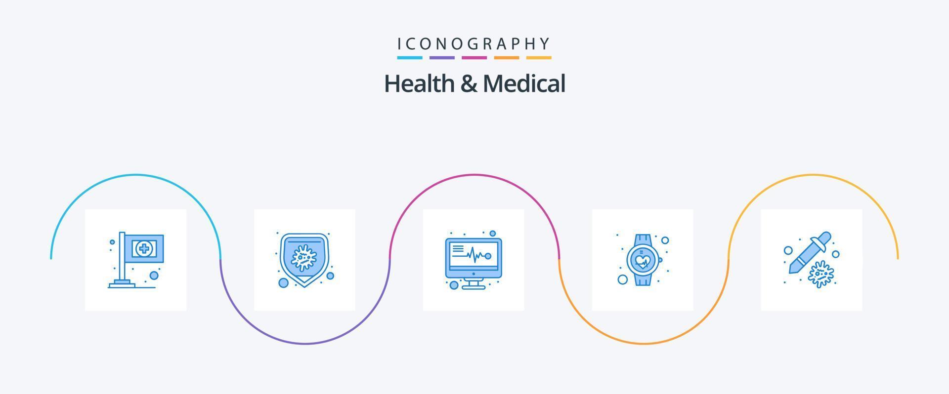 pacote de ícones azul 5 de saúde e medicina, incluindo pipeta. conta-gotas. monitor médico. relógio inteligente. médico vetor