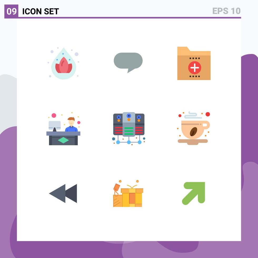 conjunto de cores planas de interface móvel de 9 pictogramas de arquivo de servidor de banco de dados compartilhado trabalhando consultando elementos de design de vetores editáveis