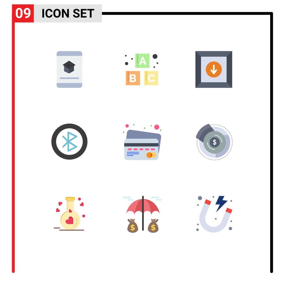 grupo de 9 sinais e símbolos de cores planas para caixa de compartilhamento de cartão de crédito, elementos de design de vetores editáveis de computador de rede