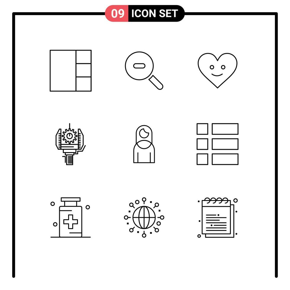 pacote de ícones vetoriais de estoque de 9 sinais e símbolos de linha para colagem de automação de menina mãe robótica elementos de design de vetores editáveis