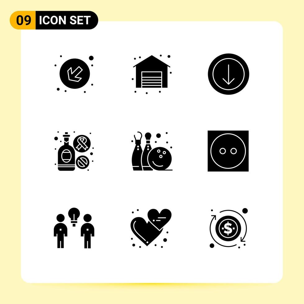 grupo de 9 glifos sólidos modernos definidos para download de jogos de cuidados, sinal divertido, elementos de design de vetores editáveis