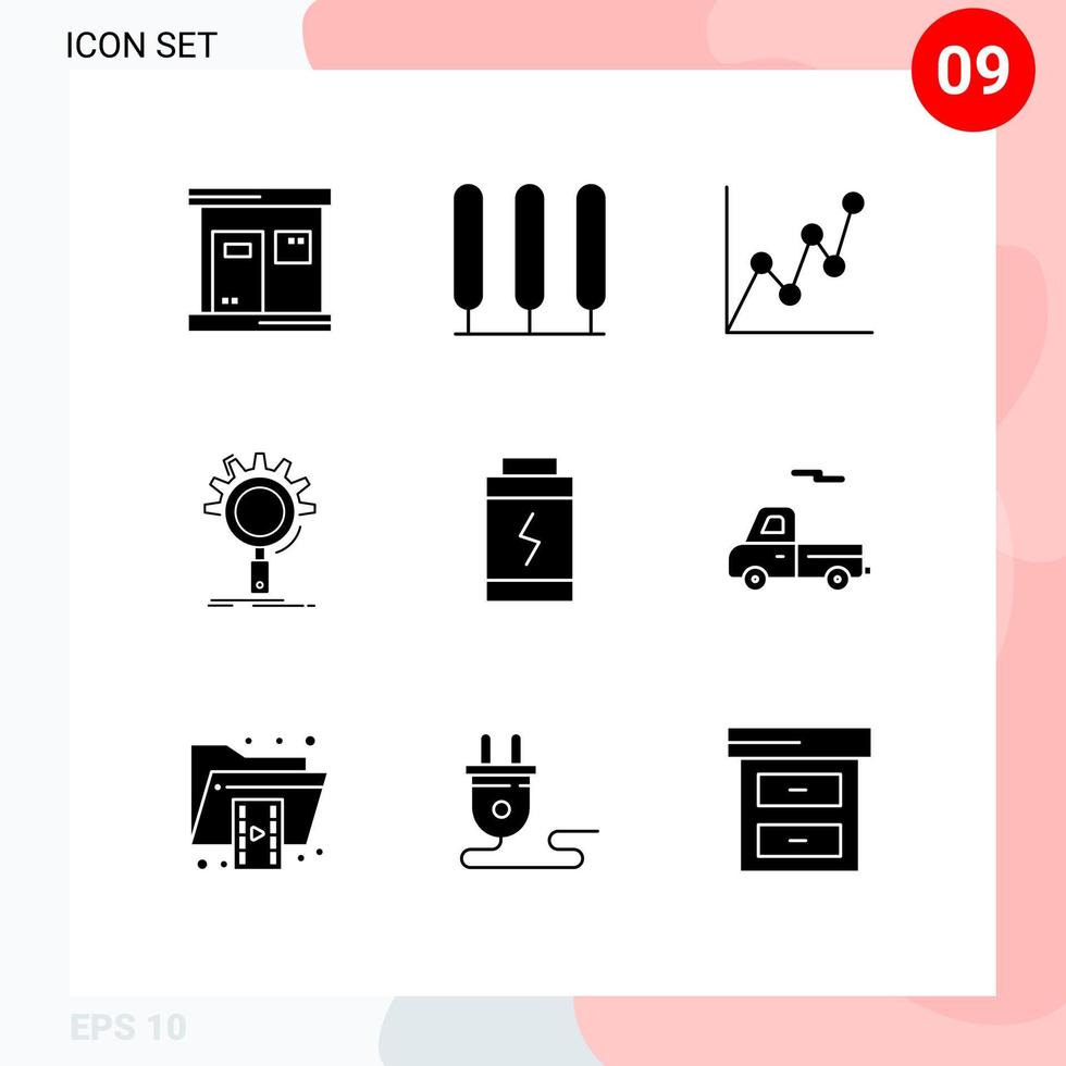 conjunto de 9 sinais de símbolos de ícones de interface do usuário modernos para otimização de configuração de cartão de bateria de energia elementos de design de vetores editáveis