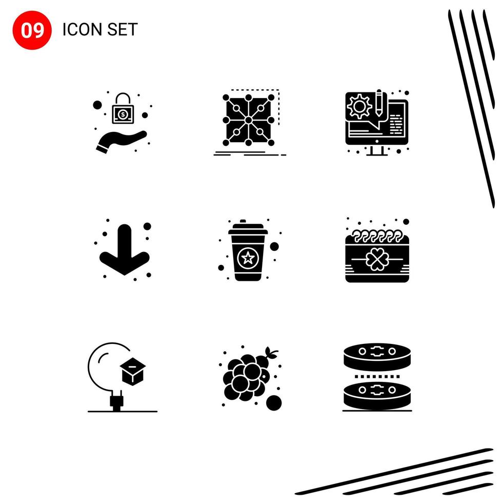 pacote de 9 sinais e símbolos de glifos sólidos modernos para mídia impressa na web, como elementos de design de vetores editáveis de seta completa de design quente de café