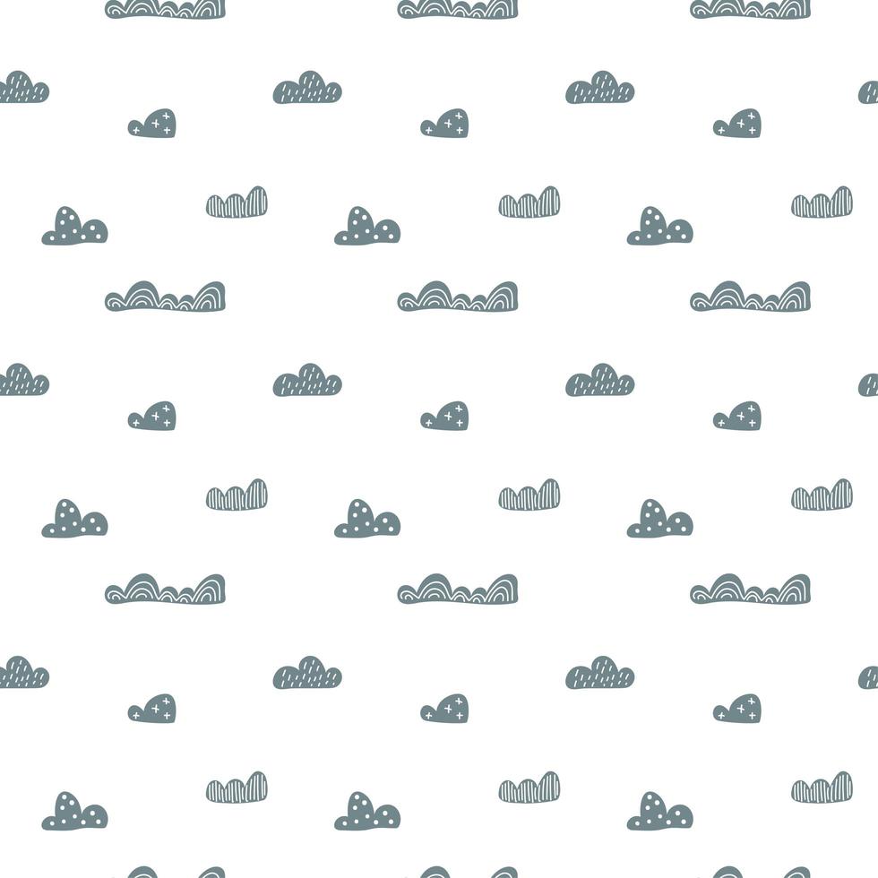 criança bonito doodle nuvens padrão sem emenda no estilo escandinavo. vetor papéis de parede nórdicos de crianças desenhadas à mão, férias