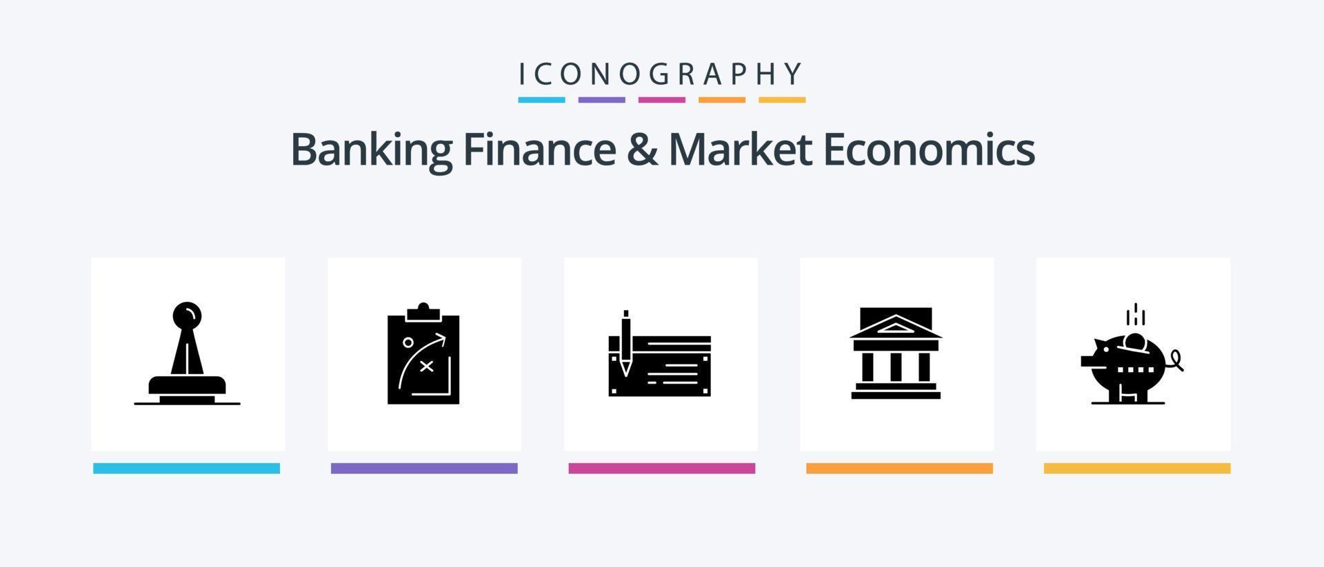 finanças bancárias e pacote de ícones de glifo 5 de economia de mercado, incluindo serviços bancários. conta. estratégico. verificar. mercado. design de ícones criativos vetor