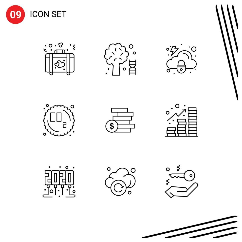 pacote de 9 sinais e símbolos de contornos modernos para mídia impressa na web, como resíduos de dinheiro, poluição em nuvem, elementos de design vetorial coeditáveis vetor