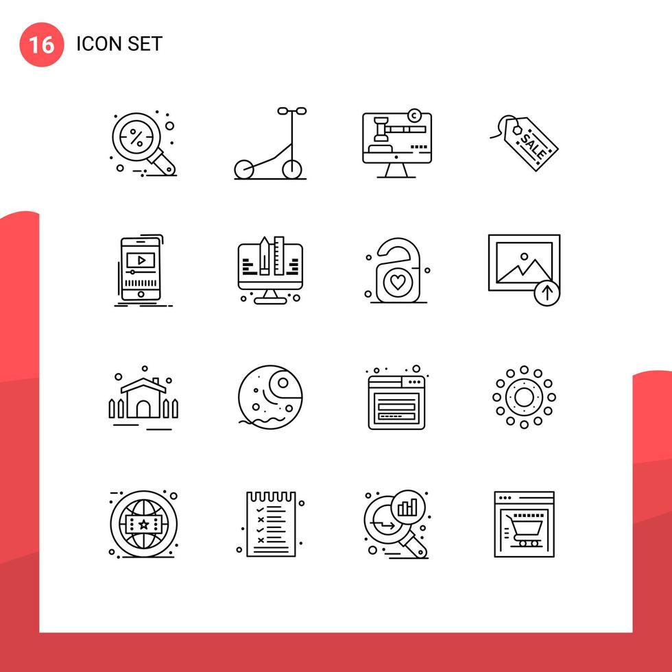 grupo de símbolos de ícone universal de 16 contornos modernos de venda de direitos autorais de mídia de jogador compras elementos de design de vetores editáveis