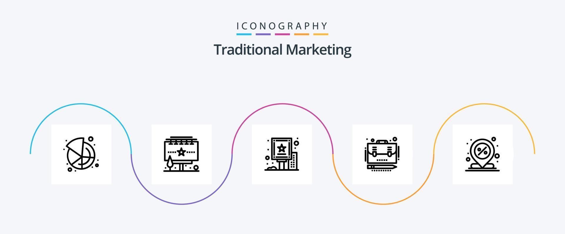 pacote de ícones da linha de marketing tradicional 5, incluindo desconto. caso. anúncio. portfólio. negócios vetor