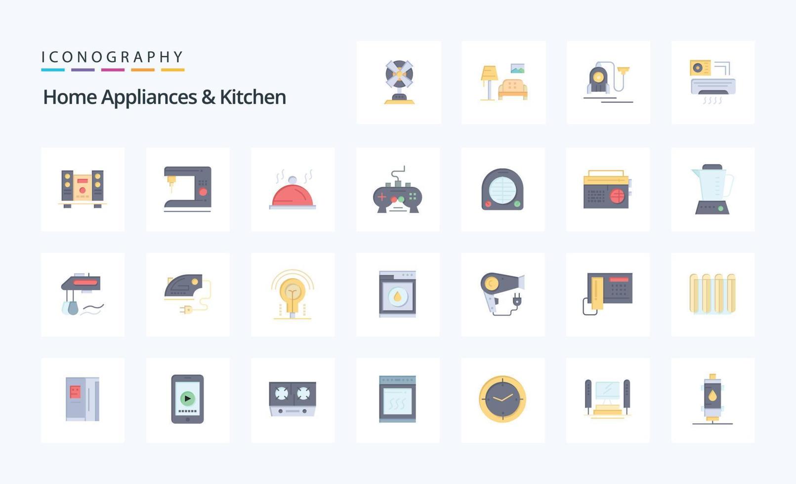 25 eletrodomésticos e pacote de ícones de cores planas de cozinha vetor