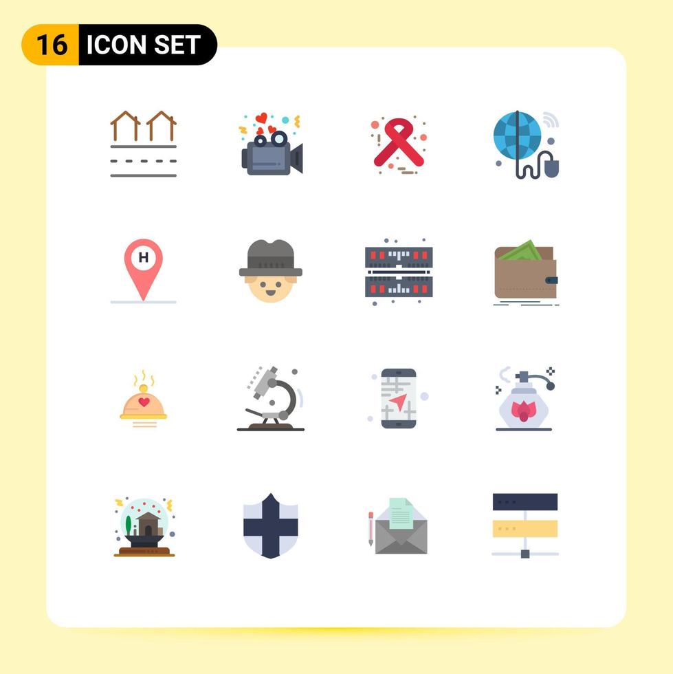 conjunto de cores planas de interface móvel de 16 pictogramas de pacote editável de fita iot de casamento wifi de praia de elementos de design de vetores criativos