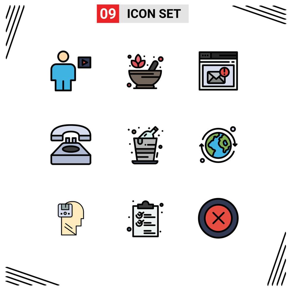 conjunto de cores planas de linha preenchida de interface móvel de 9 pictogramas de entre em contato conosco comunicação página de chamada de lótus elementos de design de vetores editáveis