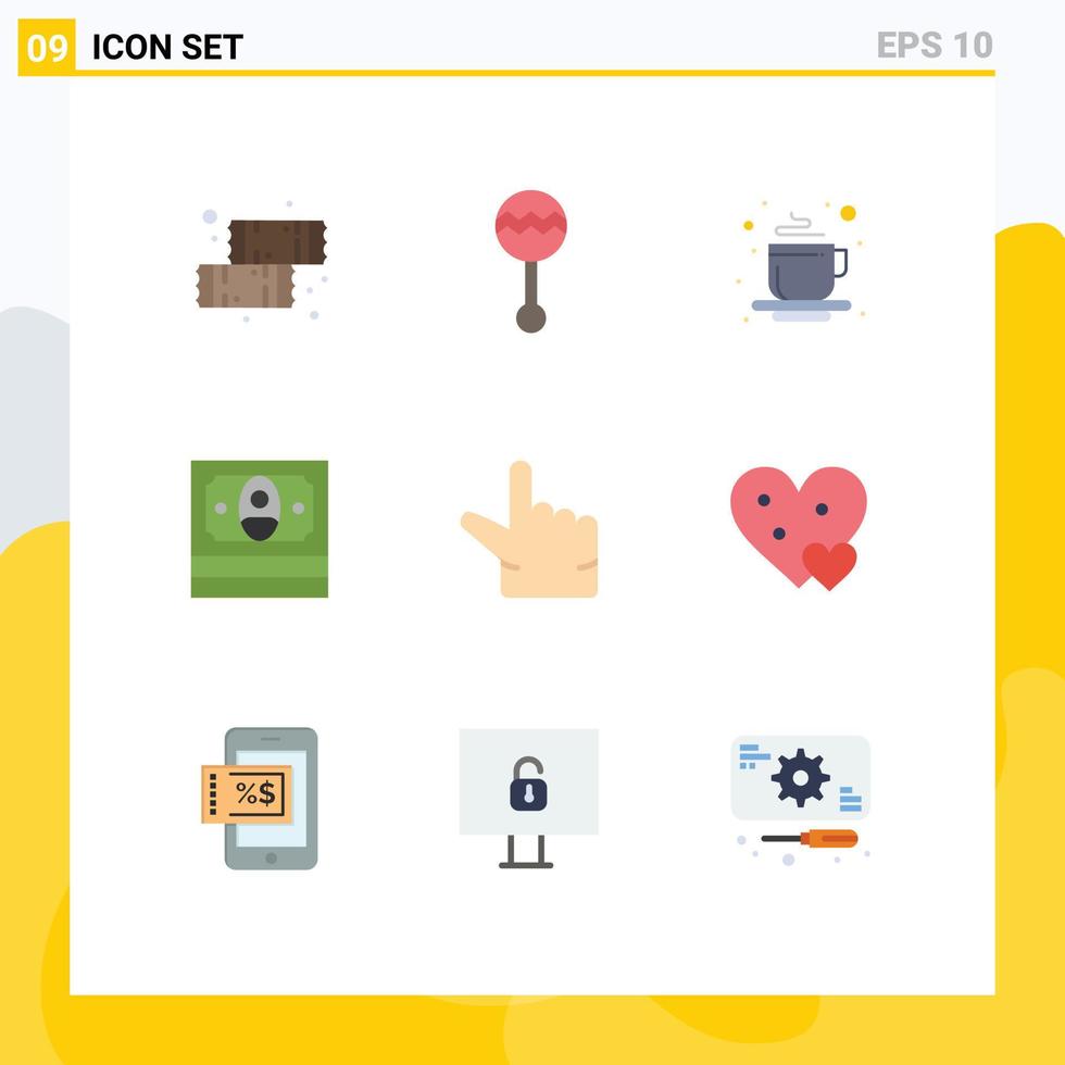 pacote de interface do usuário de 9 cores planas básicas de zoom, dinheiro, som, finanças, lugar para chá, elementos de design vetorial editáveis vetor
