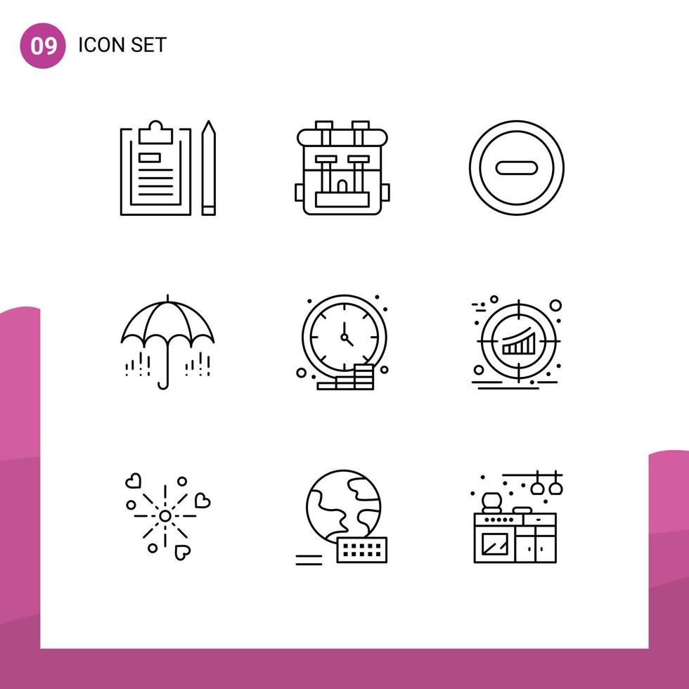pacote de interface do usuário de 9 contornos básicos de elementos de design de vetores editáveis de guarda-chuva de primavera de passatempo de moeda