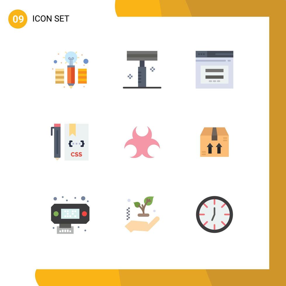 conjunto de cores planas de interface móvel de 9 pictogramas de bio desenvolver elementos de design de vetores editáveis de código css seguro