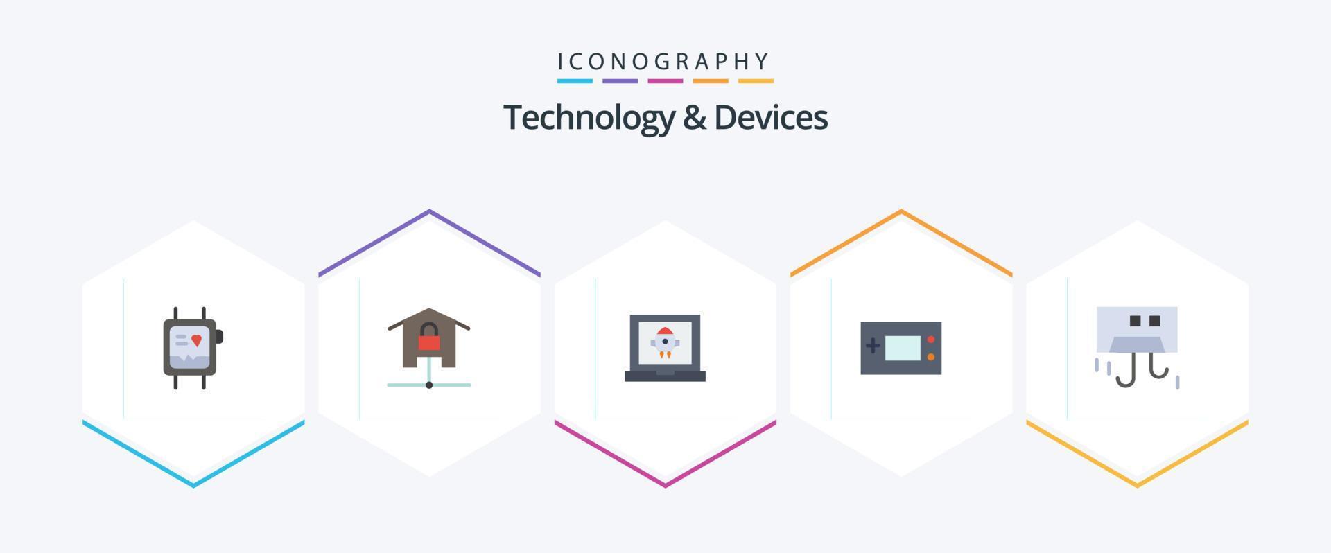 dispositivos 25 pacote de ícones planos, incluindo tecnologia. game Boy. lar inteligente. eletrônicos. foguete vetor